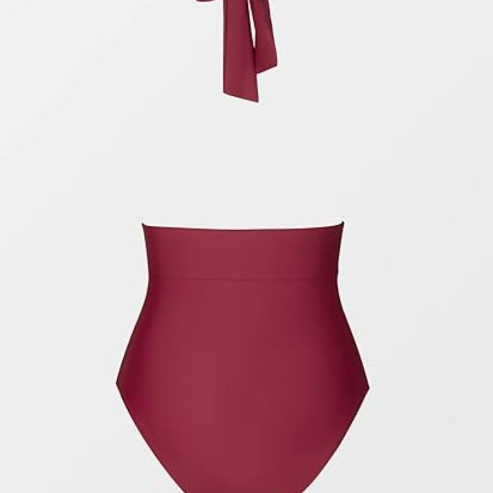 Ruched Plunge One-Piece Swimsuit - Burgundy - Picture 4 of 5
